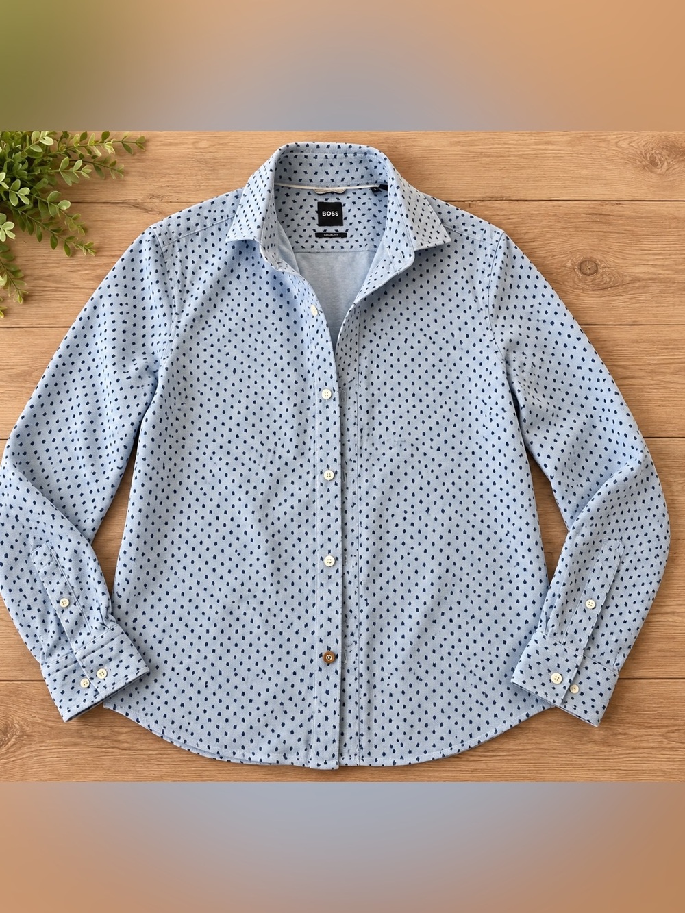 BOSS Light Blue Shirt with Navy Dot Print | Mens Large